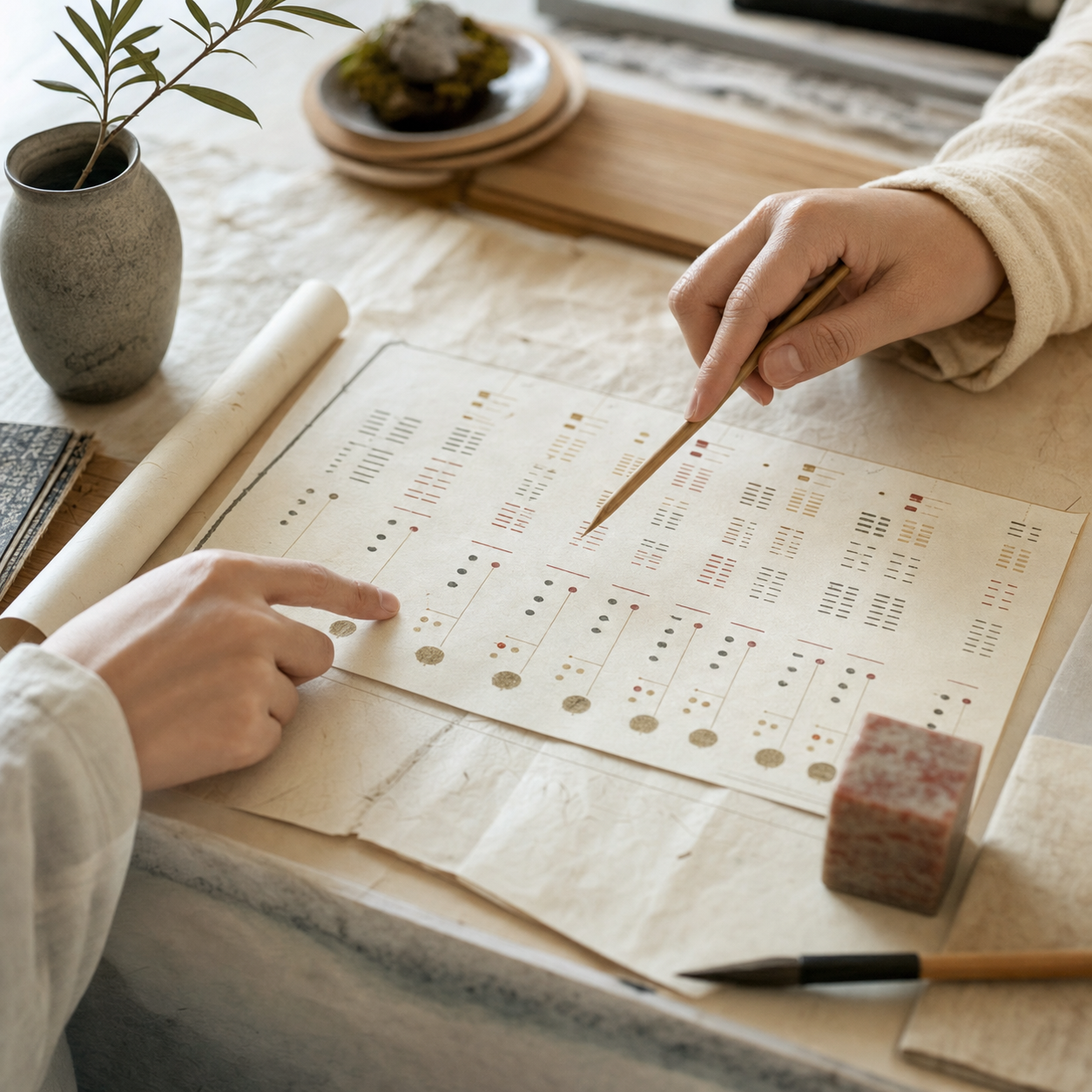 Two people reviewing a Four Pillars chart on rice paper